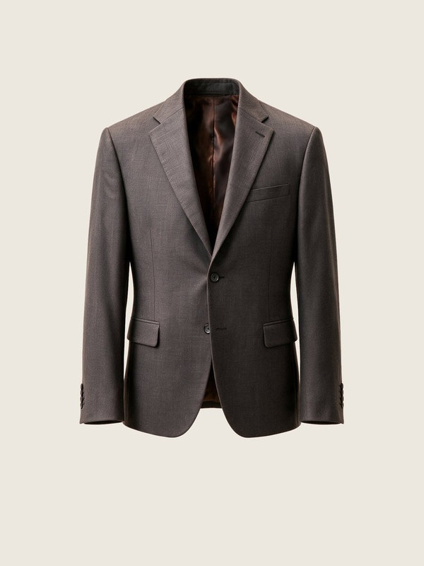 A brown single breasted blazer laid flat.