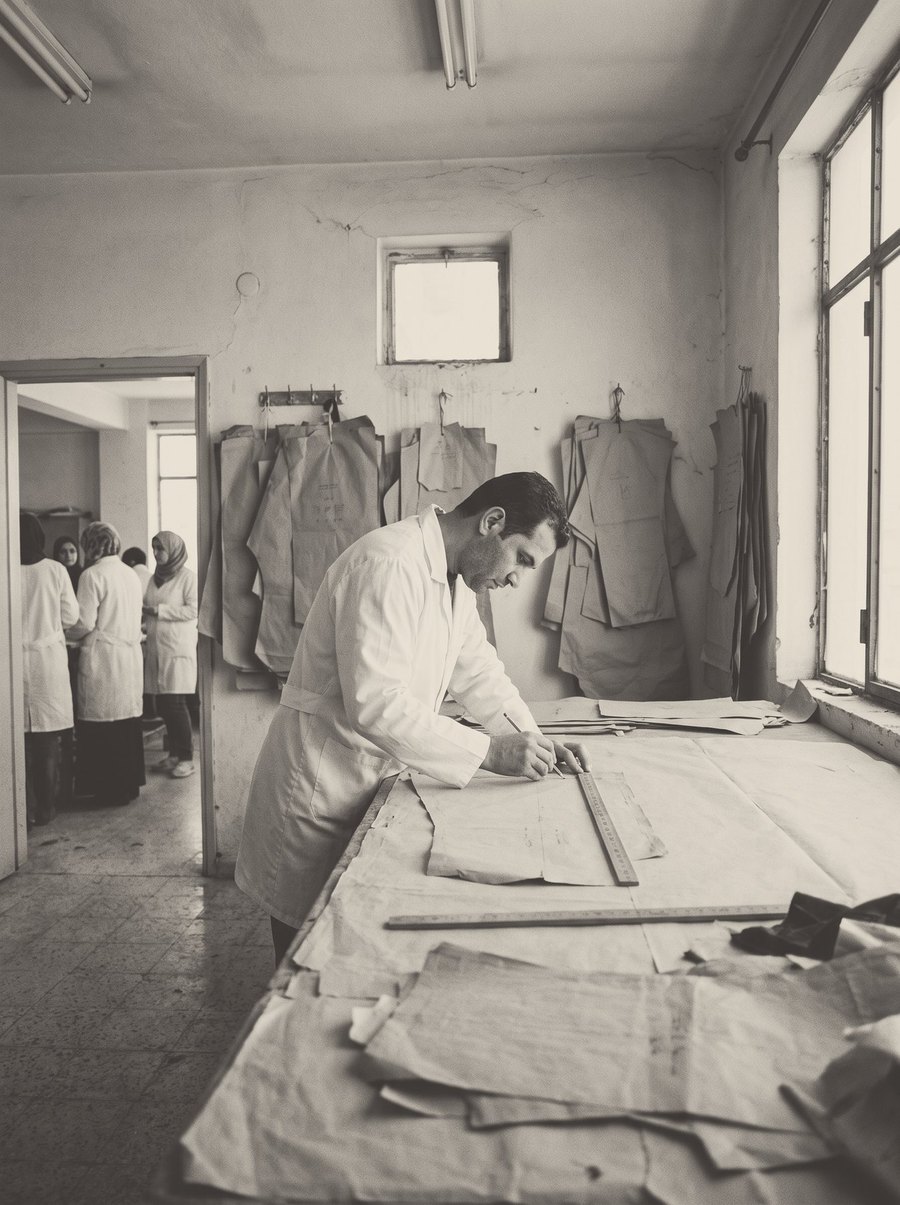 A pattern maker draws round a paper pattern on a wooden table.