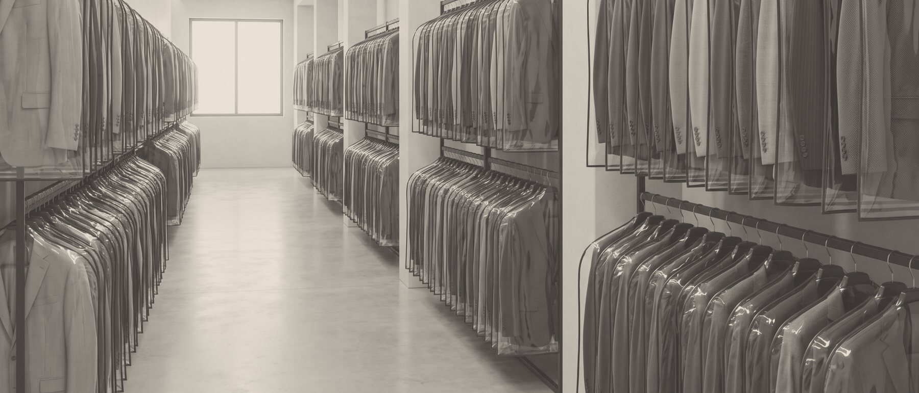 Finished jackets and suits hanging on long rails.